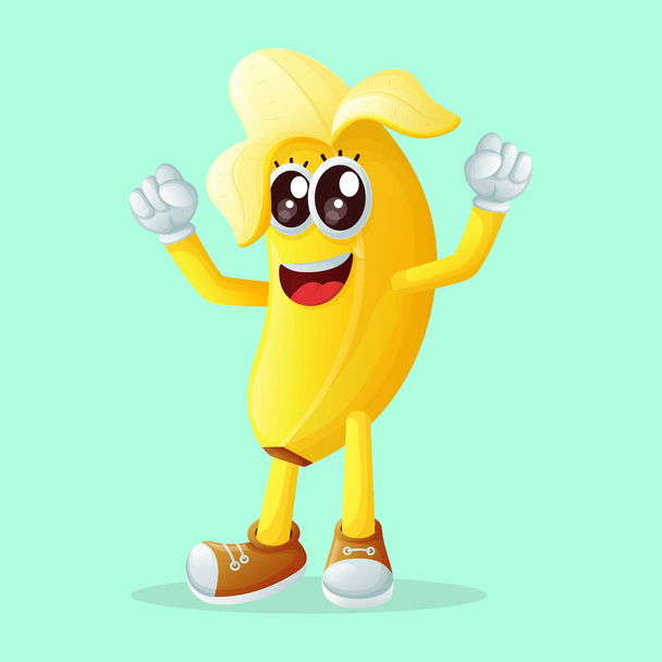 Cute banana character making a victory sign with his hand. Perfect for kids, merchandise and sticker, banner promotion or blo - Vektori, kuva