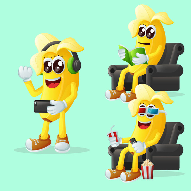Set of cute banana characters enjoying leisure activities. Perfect for kids, merchandise and sticker, banner promotion or blo - Vektori, kuva