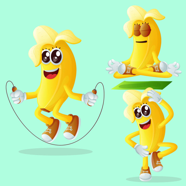 Set of cute bananas character exercising. Perfect for kids, merchandise and sticker, banner promotion or blo - Vektör, Görsel