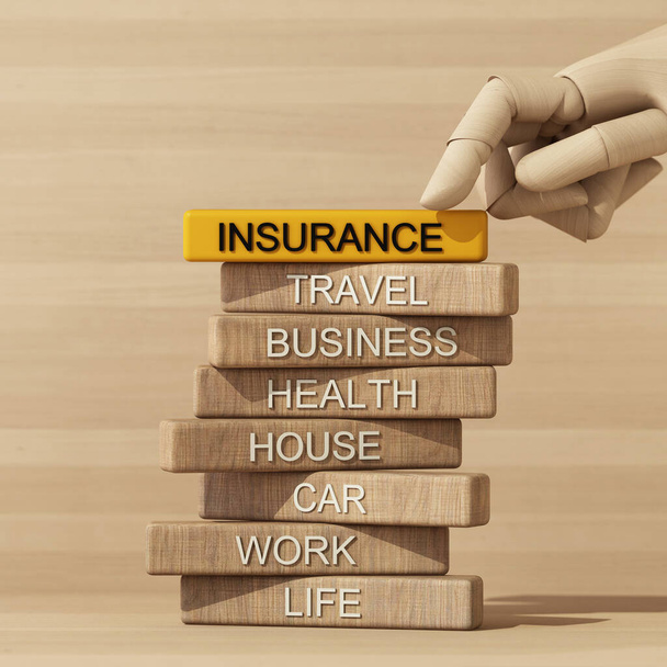 Модель деревянной руки, движущейся деревянной палкой с текстом в концепции страхования жизни и безопасности будущих финансовых планов и стабильности. 3d-рендеринг - Фото, изображение