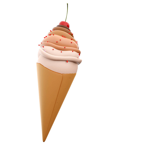 3d rendering cream ice cream with cherry icon. 3d render vanilla-chocolate-flavored ice cream with sprinkles icon. - Zdjęcie, obraz