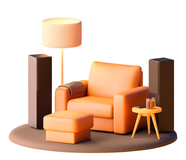 Vektorové kožené křeslo s postranním stolem a otomanem. Moderní nábytek. Kožené křeslo, podlahová lampa, postranní stolek a reproduktory - Vektor, obrázek