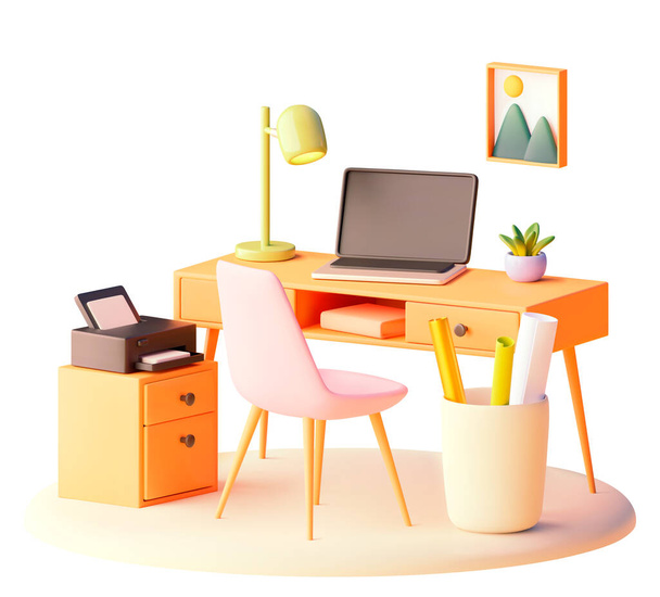 Lugar de trabajo vectorial con ilustración de escritorio, silla y portátil. Muebles de oficina. Lámpara de escritorio, ordenador, soporte para impresora - Vector, Imagen