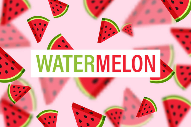 Background with falling watermelon slices. Blurred and clear slices of watermelon on a pink background. In the center there is an inscription watermelon. Vector illustration - Vector, Image