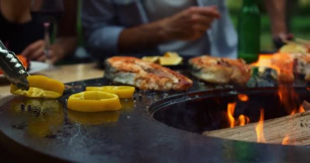 légumes grillés cuits sur charbon de bois extérieur barbecue partie nourriture pique-nique - Séquence, vidéo