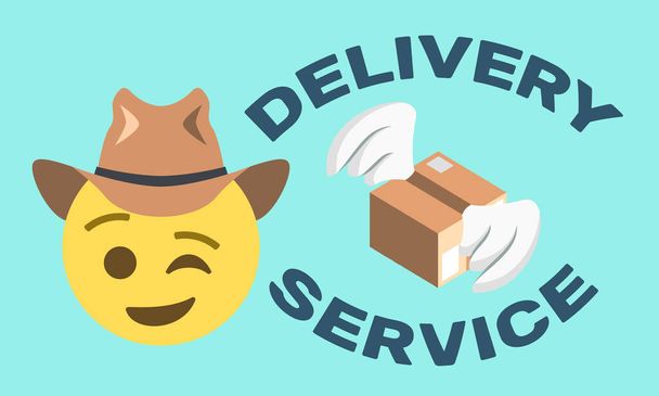 delivery service text and package with wings and winking face with hat on light blue background,vector illustration - Vector, Image