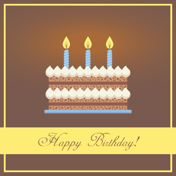 Tarjeta de felicitación de feliz cumpleaños de diseño plano con pastel de chocolate, crema batida y velas ardientes azules colocadas en el marco abstracto más palabras de felicitación en el fondo marrón
 - Vector, Imagen