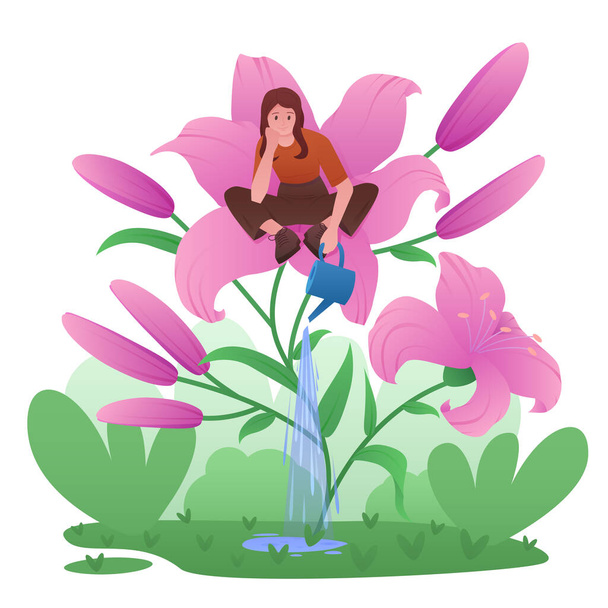 自己愛と肯定的な気分、心理学の概念ベクトル図。漫画の小さな女の子は庭の花を散水から自分自身の世話をし、幸福と楽観的な考え方を育てるために座っていることができます - ベクター画像