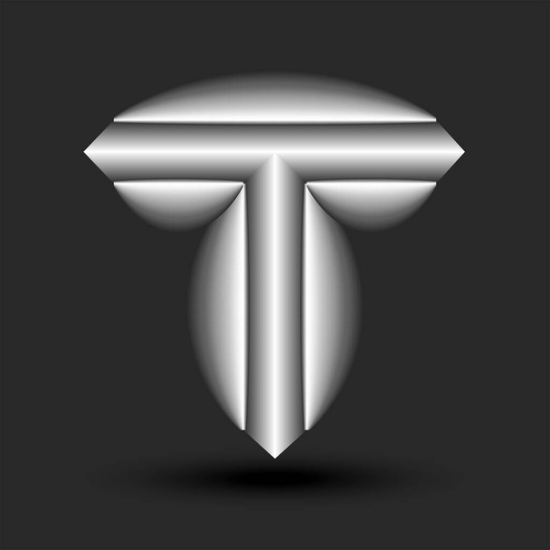 Буква T логотип 3D монограммы металлической конструкции с композитной острая форма, серебристый цвет креативных острых форм идентичности, промышленный стиль логотипа технический дизайн. - Вектор,изображение