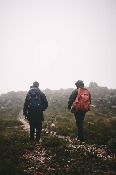 We both needed the escape. two friends and a dog out hiking in the mountains on a foggy day - Photo, Image