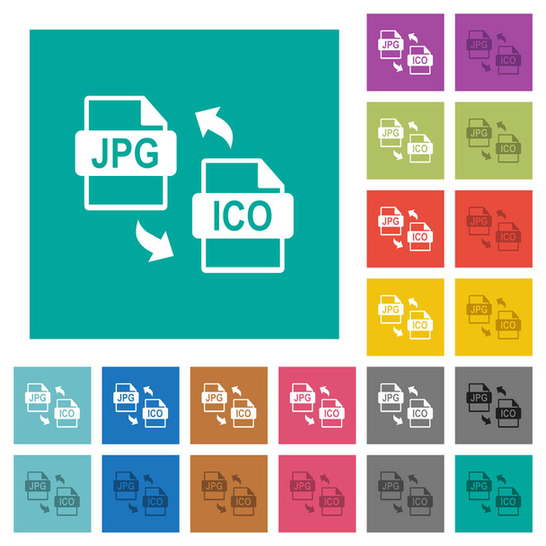JPG ICO conversión de archivos iconos planos de varios colores en fondos cuadrados llanos. Incluidas variaciones de iconos blancos y más oscuros para efectos de flotación o activos. - Vector, imagen