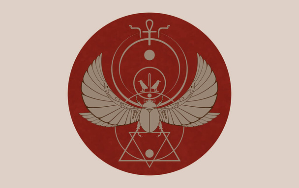 egyptian sacred Scarab wall art design, winged beetle. Vector illustration logo, personifying the god Khepri. Symbol of the ancient Egyptians. Red circle isolated on vintage background  - Vector, afbeelding