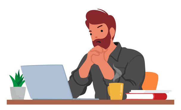 Uomo frustrato personaggio fissando sullo schermo del computer portatile con un'espressione dispiaciuta, indicando insoddisfazione o fastidio con contenuti visualizzati o problemi tecnici. Illustrazione del vettore della gente del fumetto - Vettoriali, immagini