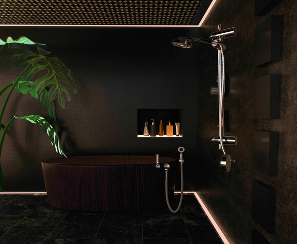 Side view luxus zuhanyzó belső sötét vas és beton, zuhanyfülke, meleg fény, gyertyafény, fürdőkád cső és szörnylevelek. Luxus belső terek. Tervezés és belsőépítészet. 3d renderelés - Fotó, kép