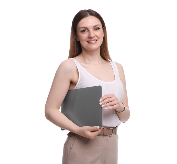 Beautiful businesswoman with laptop on white background - Fotografie, Obrázek