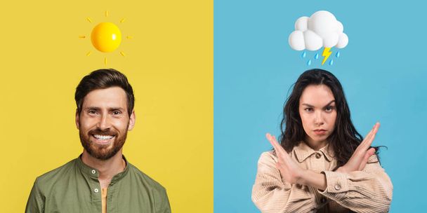 Uomo felice con Sun Emoji e donna sconvolta con l'icona della nuvola piovosa sopra la testa che posa su sfondi variopinti dello studio, uomini e donne che esprimono stati d'animo diversi, avendo interruttore emotivo, collage - Foto, immagini