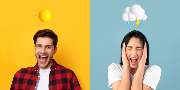Différence dans les relations. Homme heureux et femme bouleversée posant sur des milieux colorés, Collage créatif avec jeune couple avec Emojis météo au-dessus de la tête souffrant d'émotions différentes, Panorama - Photo, image