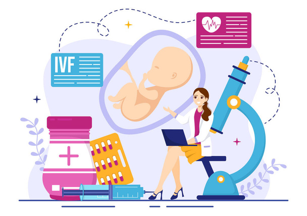 IVF o In Vitro Fertilización Vector Ilustración para Inseminación Artificial Sobre el Embarazo y Doctores Investigación Fertilizado Huevo Plantilla de dibujos animados - Vector, imagen