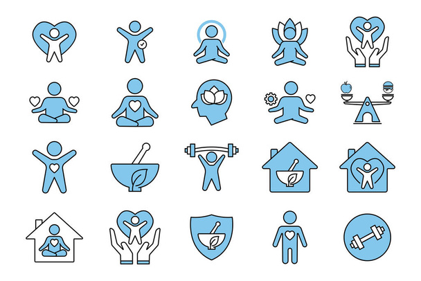 Wellness icon set. Yoga, fitness, spirit meditation, mental relaxation, stress management, self-care. Two tone icon style design. Simple vector design editable - Vector, Image