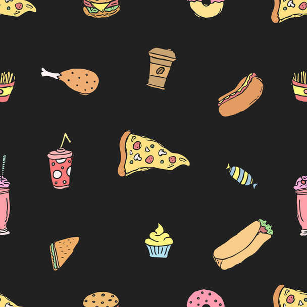 Kusursuz fast food şablonu. Fast food geçmişi. Fast food ikonlarını karala. Yemek kalıbı çizilmiş - Fotoğraf, Görsel