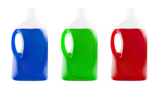 Sininen, vihreä ja punainen nestemäinen saippua tai pesuaine muovipulloissa - Valokuva, kuva