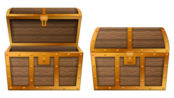 Cofre del tesoro. Caja del tesoro vacía, abierta y cerrada medieval antiguo cofres realistas de madera. Ilustración vectorial. Eps 10. - Vector, imagen