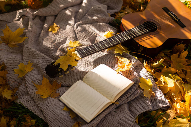 Autumn background with books, guitar and plaid. - 写真・画像