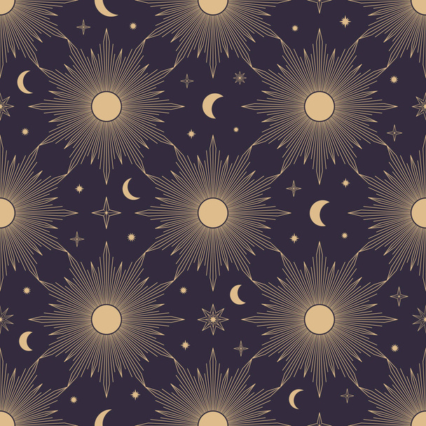Hand drawn seamless pattern of Sun, Moon, sunburst, stars. Mystical celestial bursting sun rays vector. Magic space galaxy sketch illustration for greeting card, wallpaper, wrapping paper, fabric - Vector, Imagen
