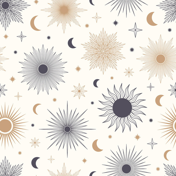 Hand drawn seamless pattern of Sun, Moon, sunburst, stars. Mystical celestial bursting sun rays vector. Magic space galaxy sketch illustration for greeting card, wallpaper, wrapping paper, fabric - Vector, Image