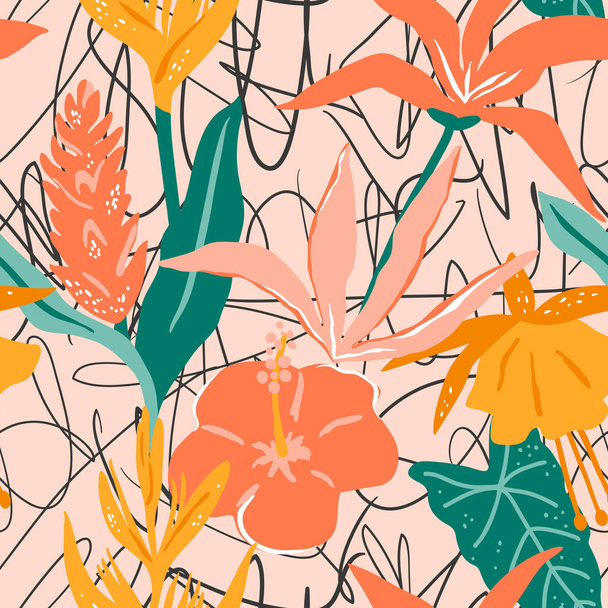 Seamless pattern with stylized tropical flowers and leaves. Abstract bright summer design - Vettoriali, immagini