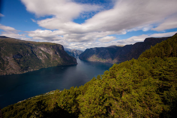 Aurlandsfjord fjord landscape, Norway Scandinavia. National tourist route Aurlandsfjellet. - 写真・画像
