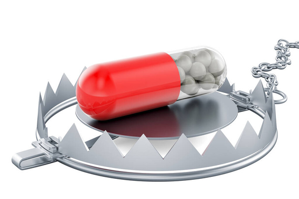 Medicament capsule inside bear trap, 3D rendering isolated on white background - 写真・画像