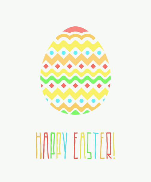 Tarjeta de felicitación colorida feliz Pascua con huevo decorativo y palabras sobre fondo blanco en diseño plano dibujado a mano
 - Vector, Imagen