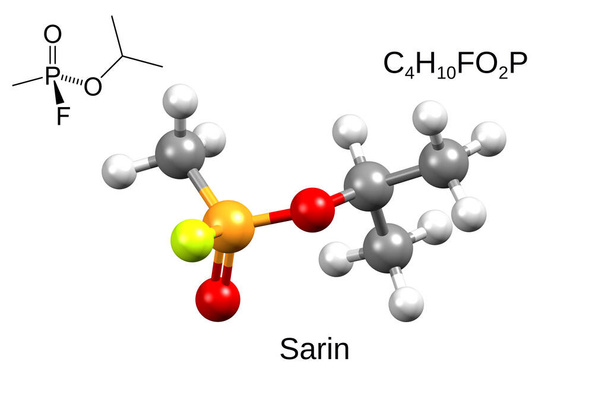 Kimyasal formül, iskelet formülü ve sarinin üç boyutlu top ve sopa modeli, kimyasal silah olarak kullanılan nörotoksik gaz, beyaz arka plan. - Fotoğraf, Görsel
