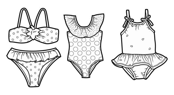 Cartoon set of doodle summer kids swimsuits. Vector funny illustration. - ベクター画像