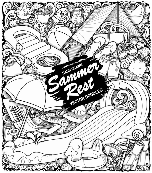Cartoon vector doodle summer beach children's entertainment line art illustration - Vector, Image
