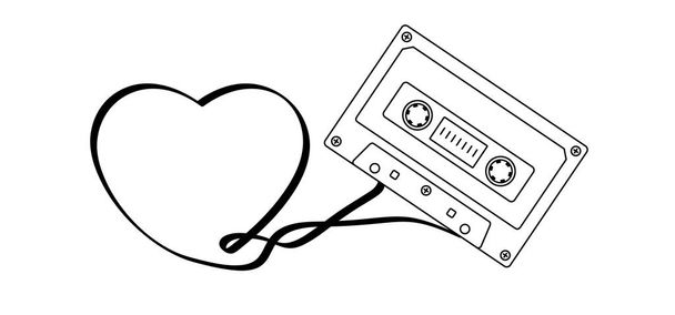 Amor de dibujos animados, corazón y audio cassette de grabación. Dibujo de cinta de casete símbolo o icono. Retro cassette de cinta de música, 1970, estilo de 1980. Grabación de audio musical de 70, 80, 90 hits, mixtape. - Vector, imagen