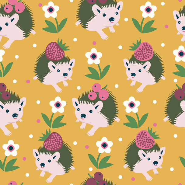 Vector seamless pattern design with cute hedgehogs in the garden. - Wektor, obraz