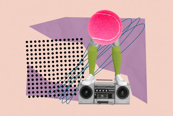 Boombox player collage illustration of headless surreal tennis badminton ball play cassette player summer party isolated drawn background. - Foto, immagini
