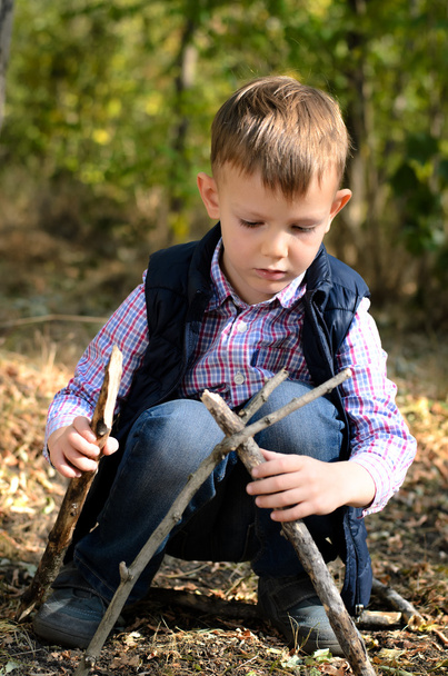 Söpö pieni poika leikkii kepeillä metsässä
 - Valokuva, kuva