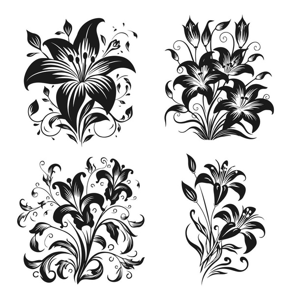 Conjunto vectorial de siluetas negras de flores de lirio aisladas sobre un fondo blanco. EPS 10 - Vector, Imagen