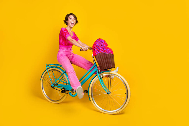 Full size photo of carefree girl dressed knitwear top pink pants learn riding bicycle screaming isolated on yellow color background. - Foto, immagini