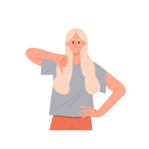 Retrato aislado de un personaje de dibujos animados de una mujer escéptica adulta joven haciendo gestos con pulgares hacia abajo signo de aversión sintiendo expresión de desaprobación. Desacuerdo e incredulidad emoción negativa vector ilustración - Vector, imagen