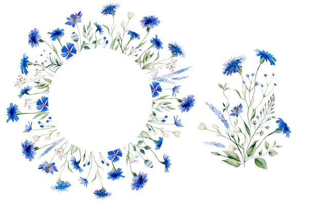Υδατογραφία Μπλε λουλούδι ανθοδέσμες και πλαίσιο, αγριολούλουδα απομονωμένη εικόνα. Ανθικά στοιχεία κήπου για καλοκαιρινά χαρτικά γάμου και ευχετήριες κάρτες - Φωτογραφία, εικόνα