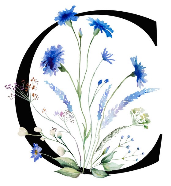 Black letter C with watercolor blue cornflowers and wildflowers qith green leaves bouquet isolated illustration. Alphabet Element for wedding stationery and greeting - Photo, Image