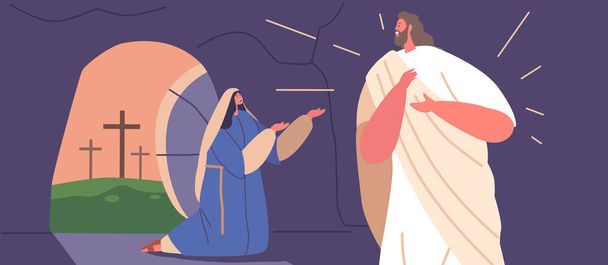 Мария Магдалена встретилась с Иисусом в пещере после Его воскресения, пережив мощную и преобразующую встречу, которая навсегда изменила ее жизнь. Вектор карикатурных людей - Вектор,изображение