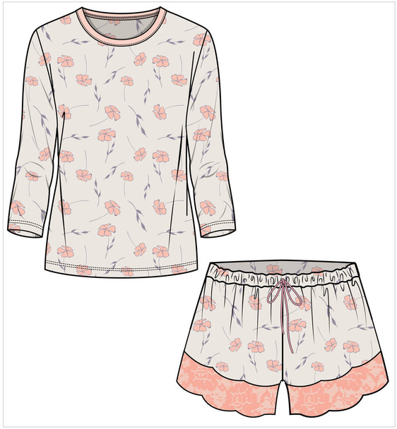 WOMEN TEE AND SHORTS IN FLORAL PRINT WITH LACE DETAIL NIGHTWEAR SET IN EDITABLE VECTOR FILE - Vektor, obrázek