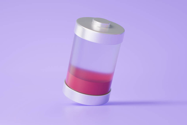 3D icon low battery red status isolated on purple background. Level battery energy, sign charge indicator lightning. Minimal cartoon style, 3d render. illustration - Photo, Image
