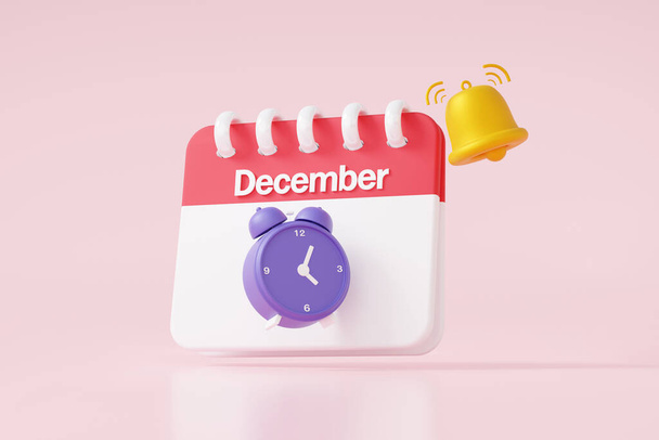 Calendario icono símbolo mes diciembre con alarma reloj campana notificación día evento programar cita. Diseño de estilo de dibujos animados mínimos. Planificador día mes año concepto. Ilustración de representación 3d - Foto, imagen