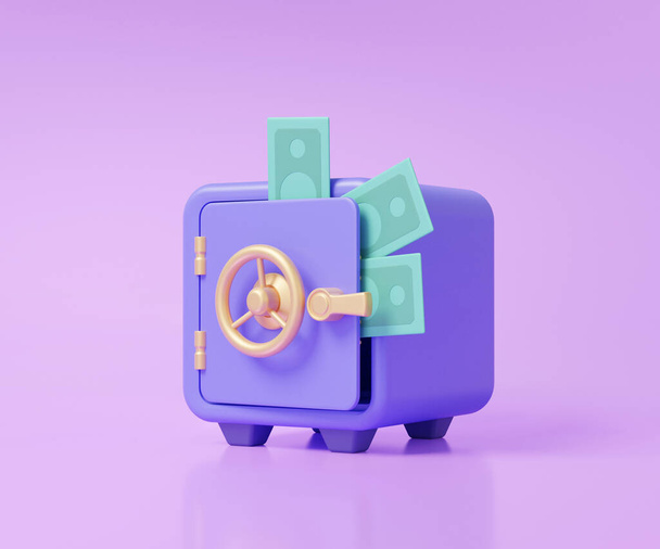 Banknotes dollar safe box icon with security, budget earn financial secret saving money concept. cartoon minimal style on purple pastel background. treasure, wealth. 3d render illustration - Photo, Image